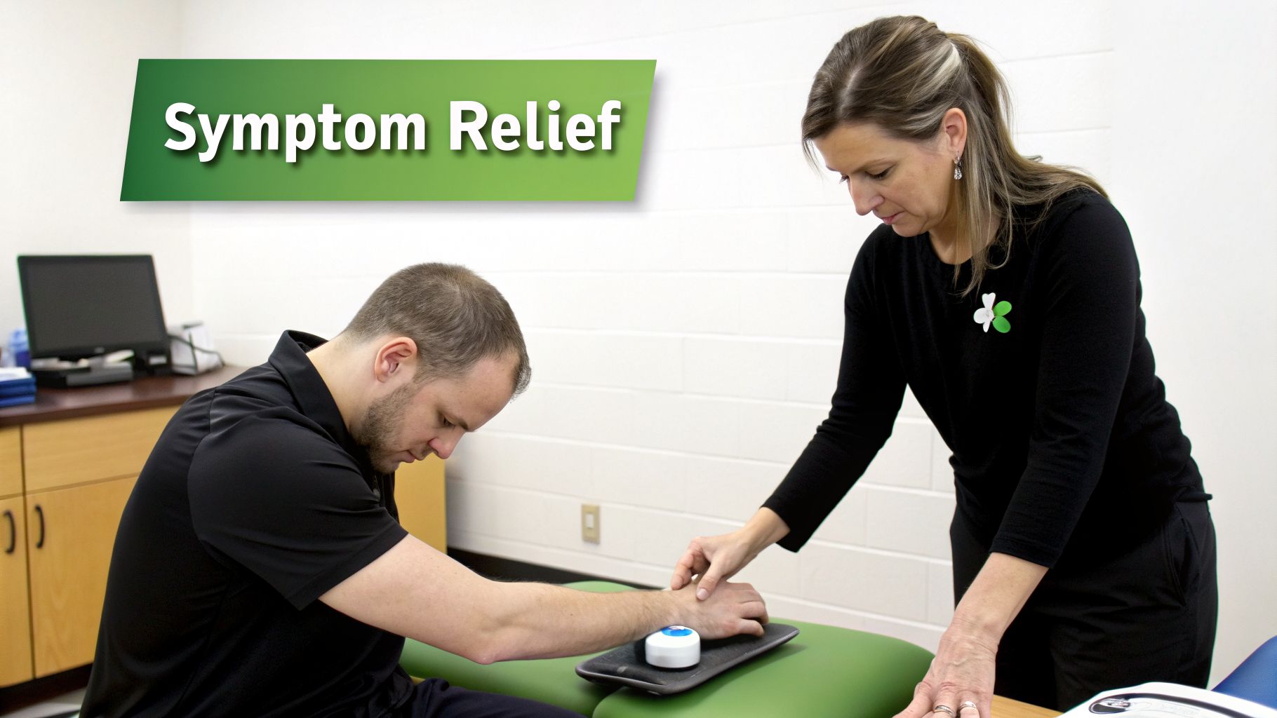 A healthcare professional is providing hands-on treatment to a man's wrist for symptom relief.