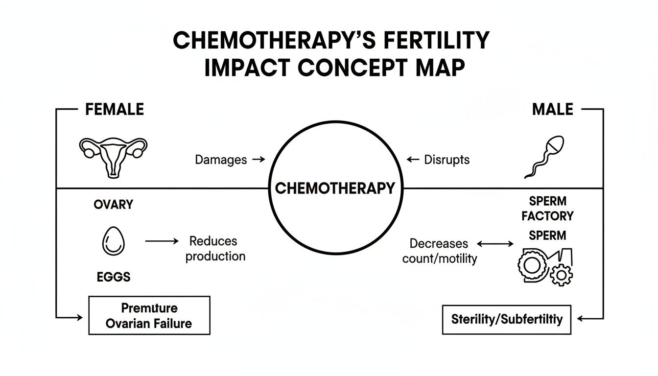 Concept map illustrating chemotherapy's impact on male and female fertility, leading to premature ovarian failure or sterility.
