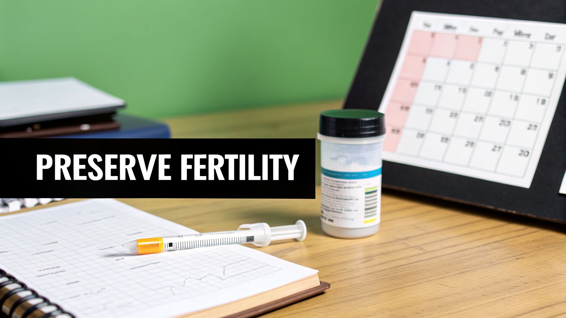 Medical supplies like a syringe and medicine bottle on a desk with a calendar and the text 'Preserve Fertility'.