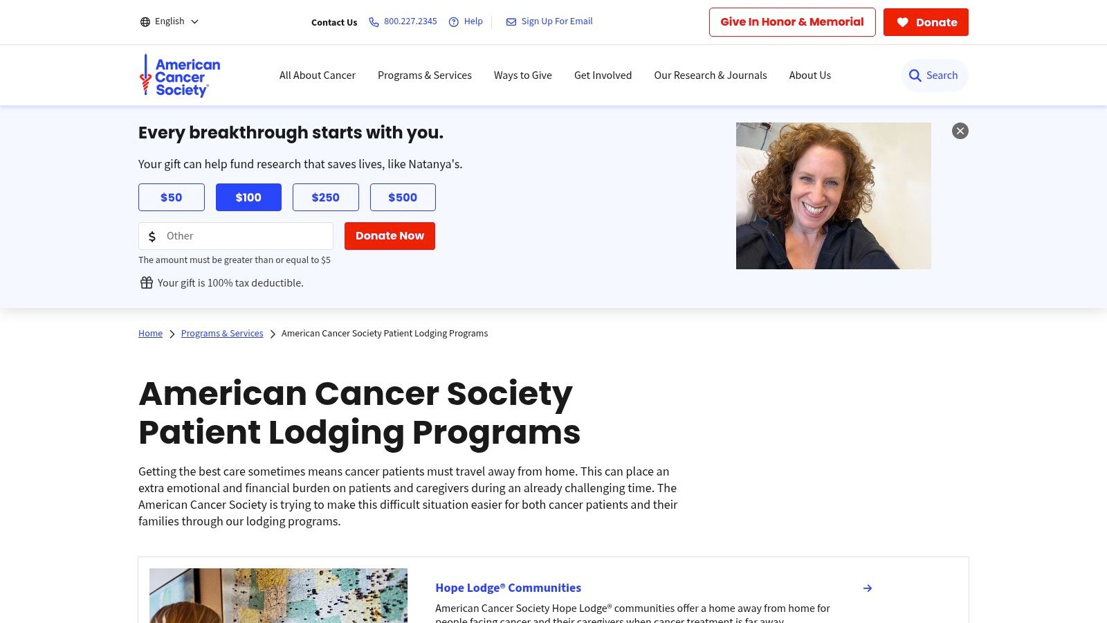 American Cancer Society (ACS) – Hope Lodge & Road To Recovery