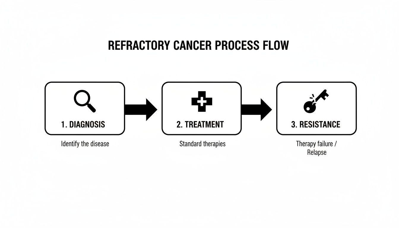 Flowchart illustrating the refractory cancer process, detailing diagnosis, standard treatment, and the development of resistance.