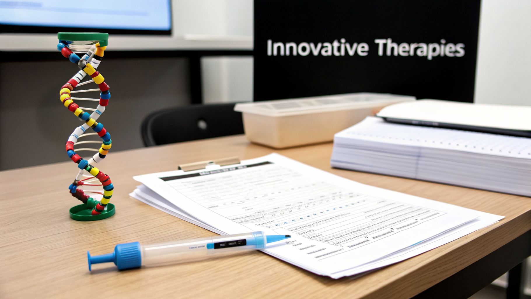 A desk with a colorful DNA model, documents, a syringe pen, and an 'Innovative Therapies' sign.