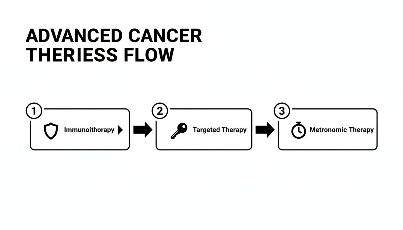 Flowchart illustrating the sequential steps of advanced cancer therapies: Immunotherapy, Targeted Therapy, and Metronomic Therapy.