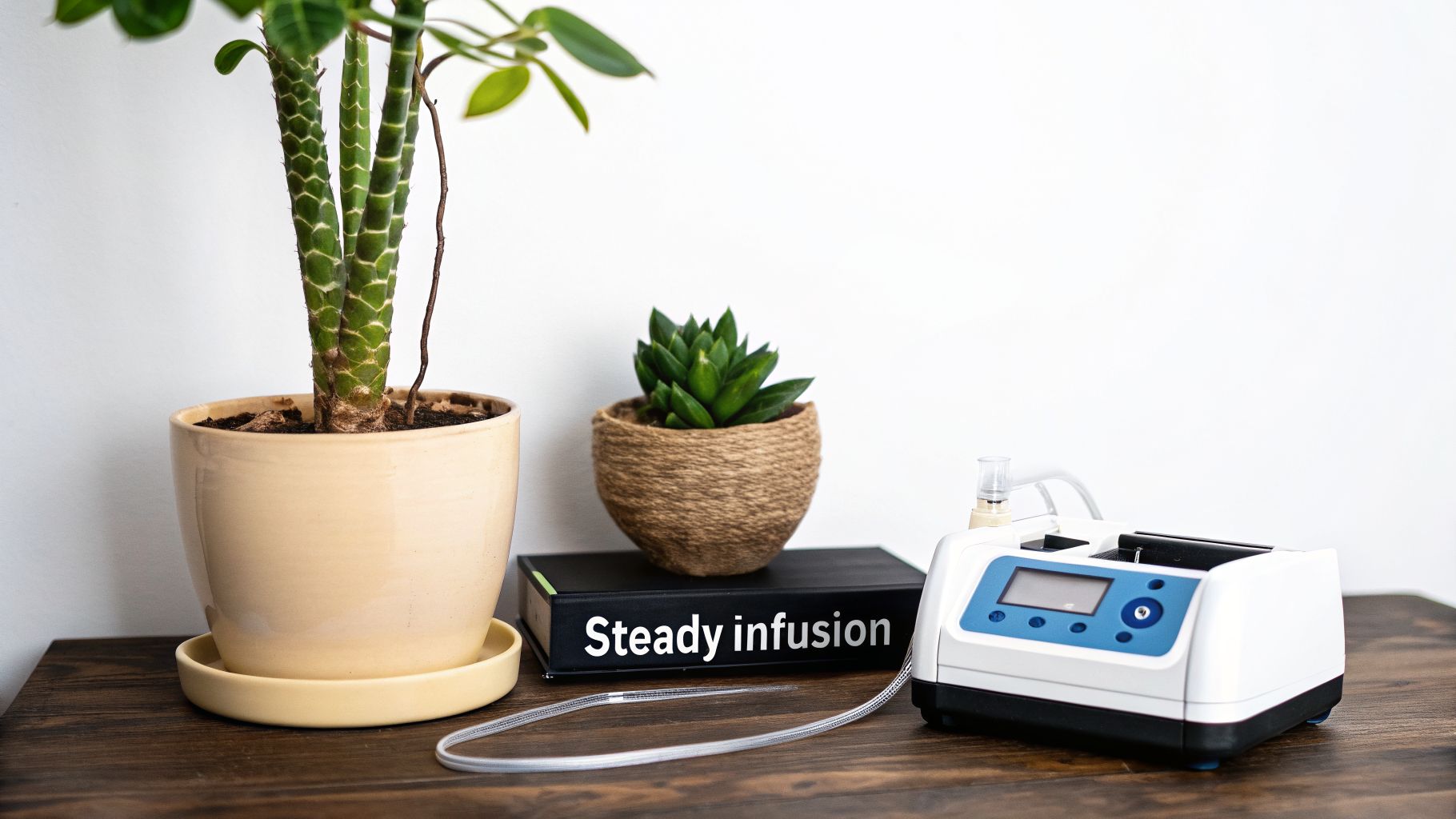 A medical infusion pump, a book titled 'Steady infusion', and two potted plants on a wooden table.