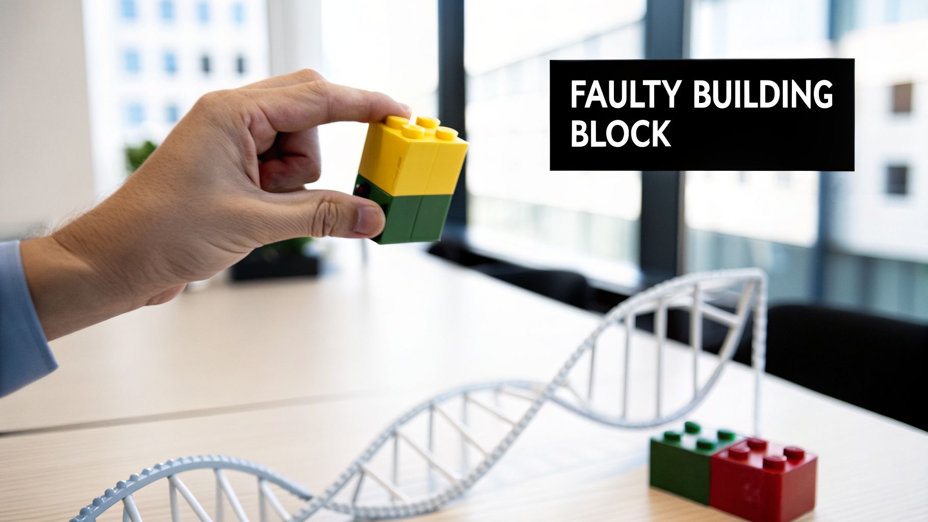 A hand holds a yellow and green Lego block above a DNA model, illustrating a faulty building block.