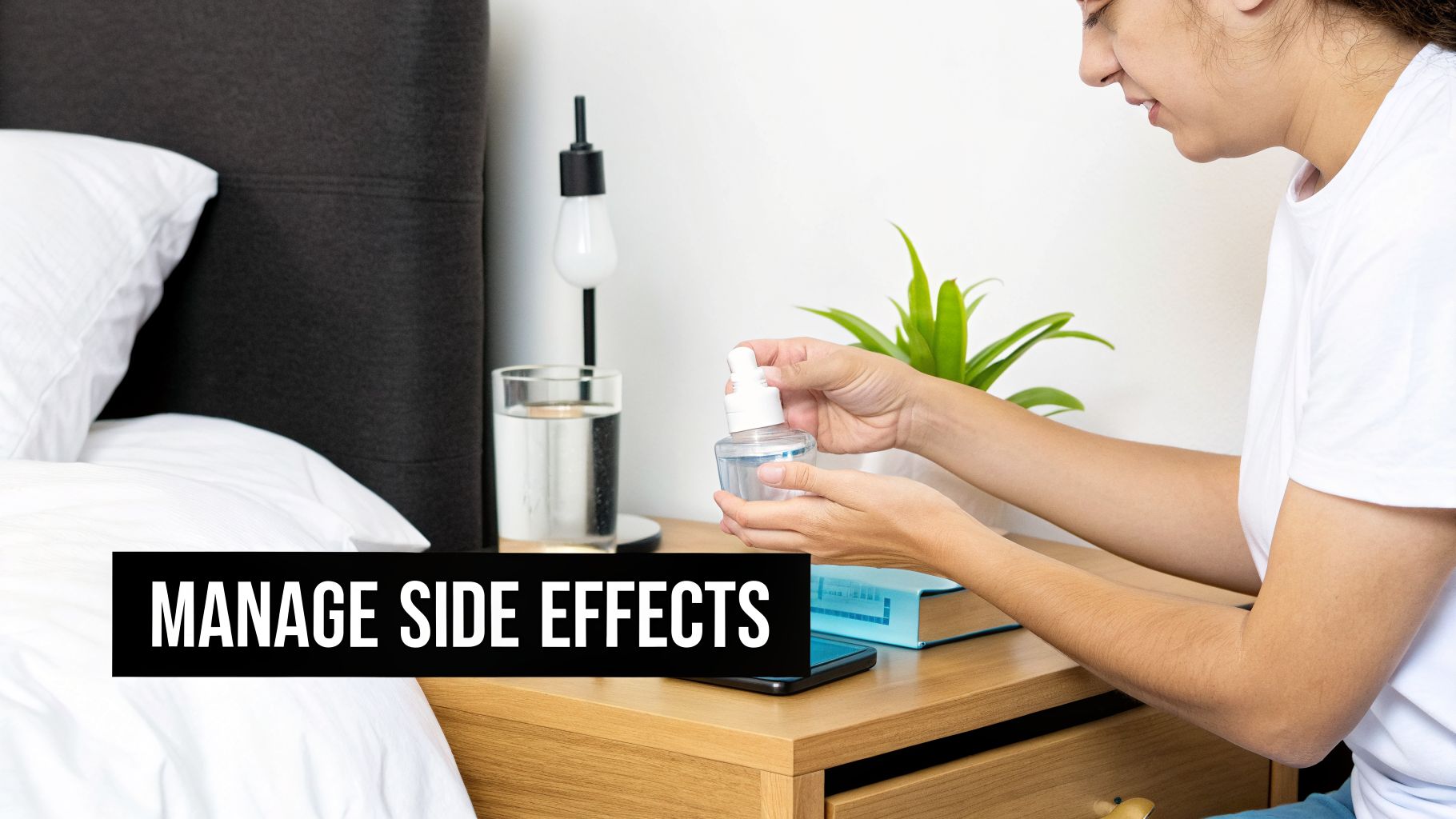 A woman holds a dropper bottle by her bedside, with a glass of water, managing medication or side effects.