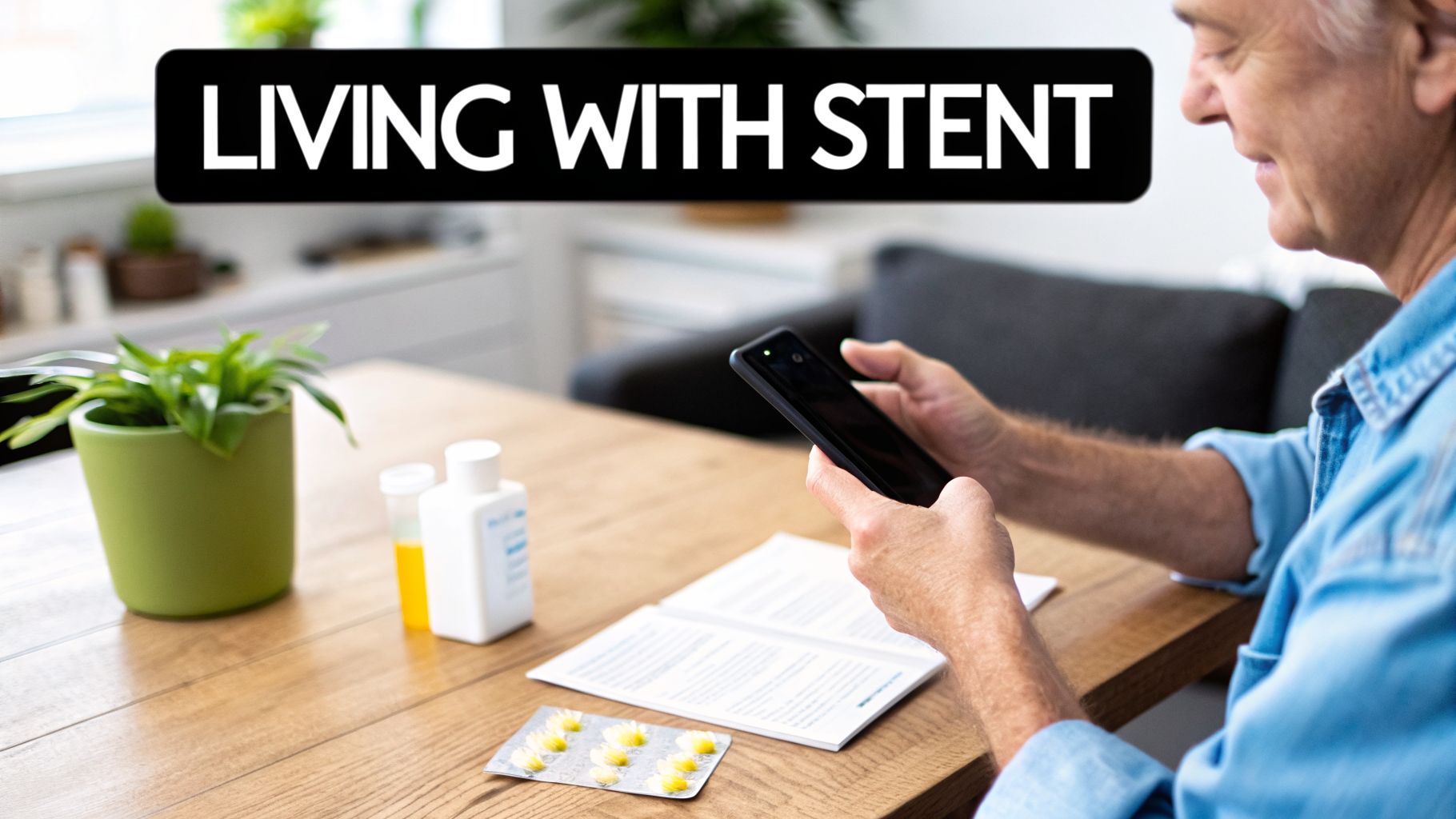 Man with a stent managing medication, using a smartphone at a wooden table at home.