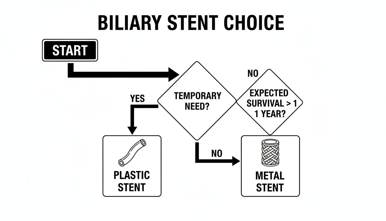 Flowchart illustrating the decision-making process for biliary stent choice based on patient needs.
