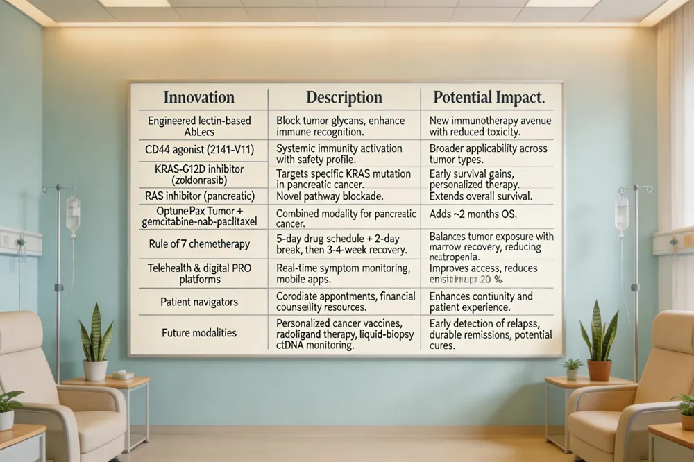 | Innovation | Description | Potential Impact |
|----------------|----------------|----------------------|
| Engineered lectin‑based AbLecs | Block tumor glycans, enhance immune recognition. | New immunotherapy avenue with reduced toxicity. |
| CD40 agonist (2141‑V11) | Systemic immunity activation with safety profile. | Broader applicability across tumor types. |
| KRAS‑G12D inhibitor (zoldonrasib) | Targets specific KRAS mutation in pancreatic cancer. | Early survival gains, personalized therapy. |
| RAS inhibitor (pancreatic) | Novel pathway blockade. | Extends overall survival. |
| Optune Pax Tumor + gemcitabine‑nab‑paclitaxel | Combined modality for pancreatic cancer. | Adds ~2 months OS. |
| Rule of 7 chemotherapy | 5‑day drug schedule + 2‑day break, then 3‑4‑week recovery. | Balances tumor exposure with marrow recovery, reducing neutropenia. |
| Telehealth &amp; digital PRO platforms | Real‑time symptom monitoring, mobile apps. | Improves access, reduces emergency visits by up to 20 %. |
| Patient navigators | Coordinate appointments, financial counseling, community resources. | Enhances continuity and patient experience. |
| Future modalities | Personalized cancer vaccines, radioligand therapy, liquid‑biopsy ctDNA monitoring. | Early detection of relapse, durable remissions, potential cures. |