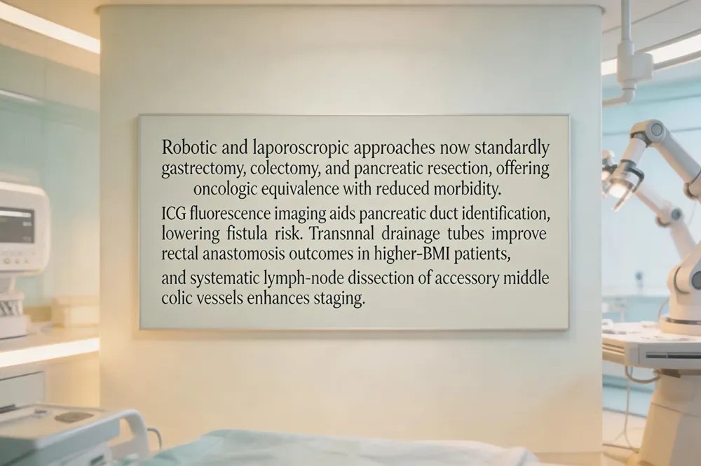 Robotic and laparoscopic approaches now standardly gastrectomy, colectomy, and pancreatic resection, offering oncologic equivalence with reduced morbidity. ICG fluorescence imaging aids pancreatic duct identification, lowering fistula risk. Transanal drainage tubes improve rectal anastomosis outcomes in higher‑BMI patients, and systematic lymph‑node dissection of accessory middle colic vessels enhances staging.