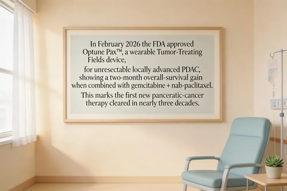 In February 2026 the FDA approved Optune Pax™, a wearable Tumor‑Treating Fields device, for unresectable locally advanced PDAC, showing a two‑month overall‑survival gain when combined with gemcitabine + nab‑paclitaxel. This marks the first new pancreatic‑cancer therapy cleared in nearly three decades.