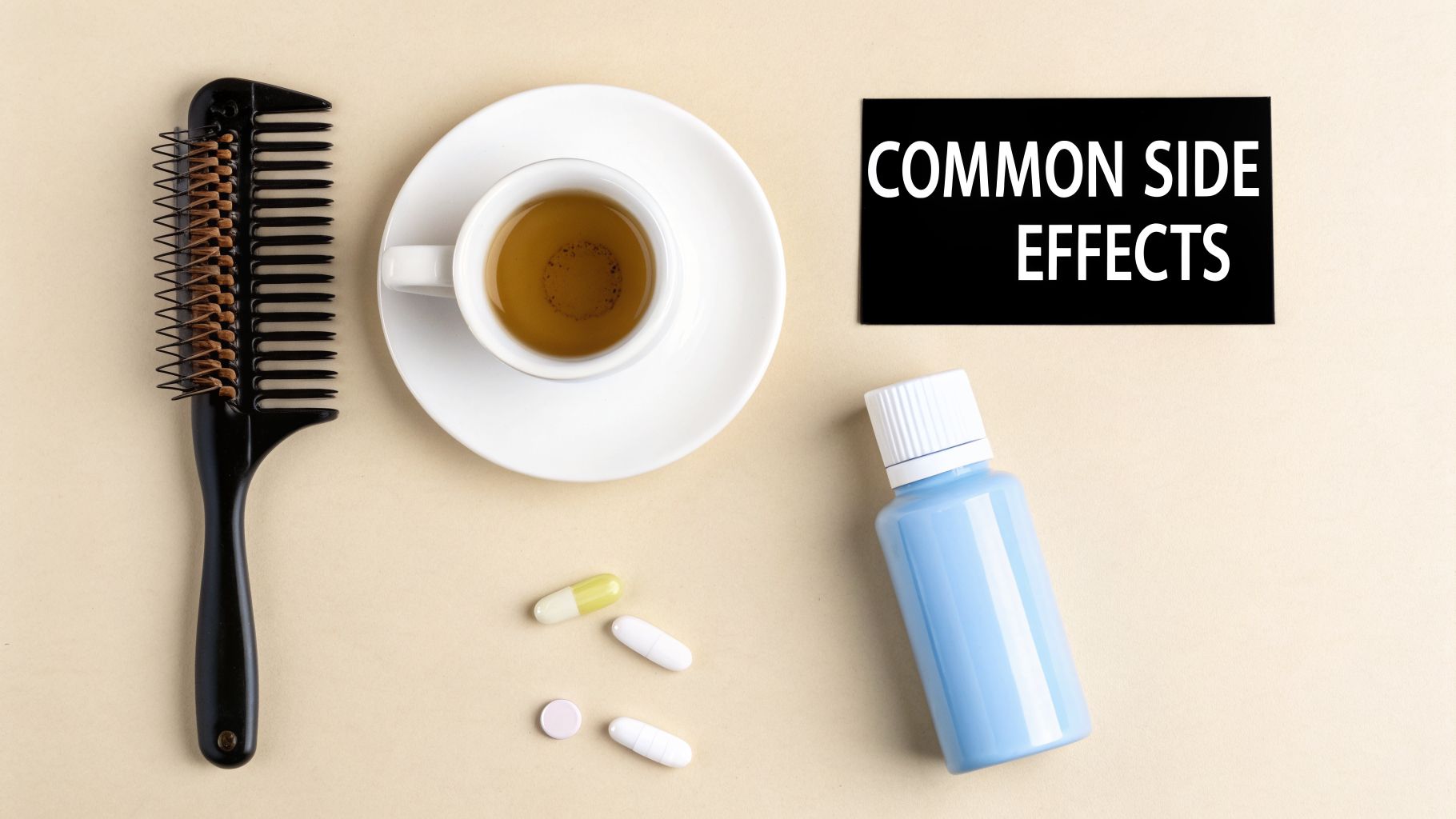 Pills, a medicine bottle, a comb, and a cup of tea next to a 'COMMON SIDE EFFECTS' sign.