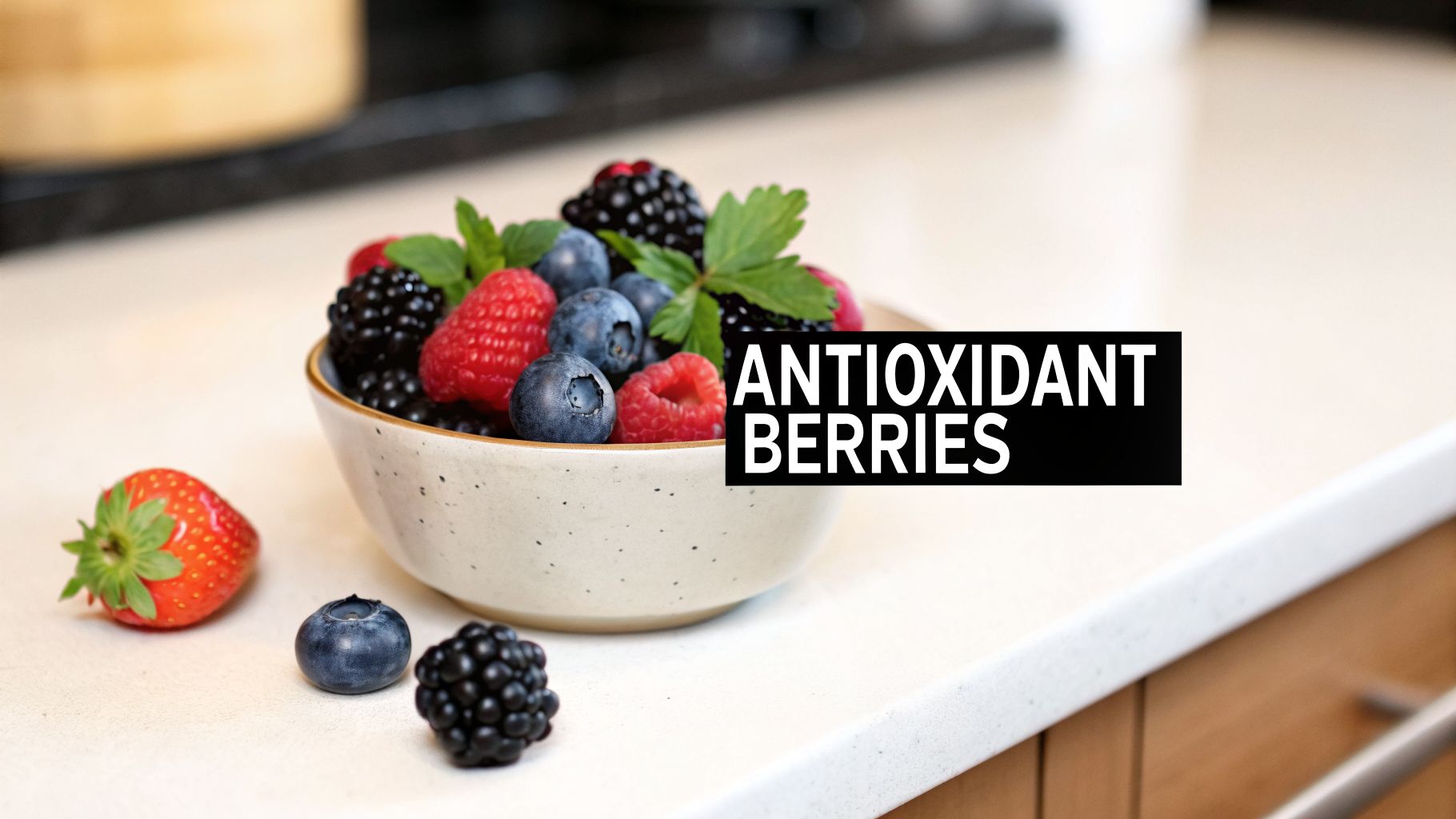 A bowl of fresh antioxidant berries, including raspberries, blueberries, and blackberries, on a kitchen counter.