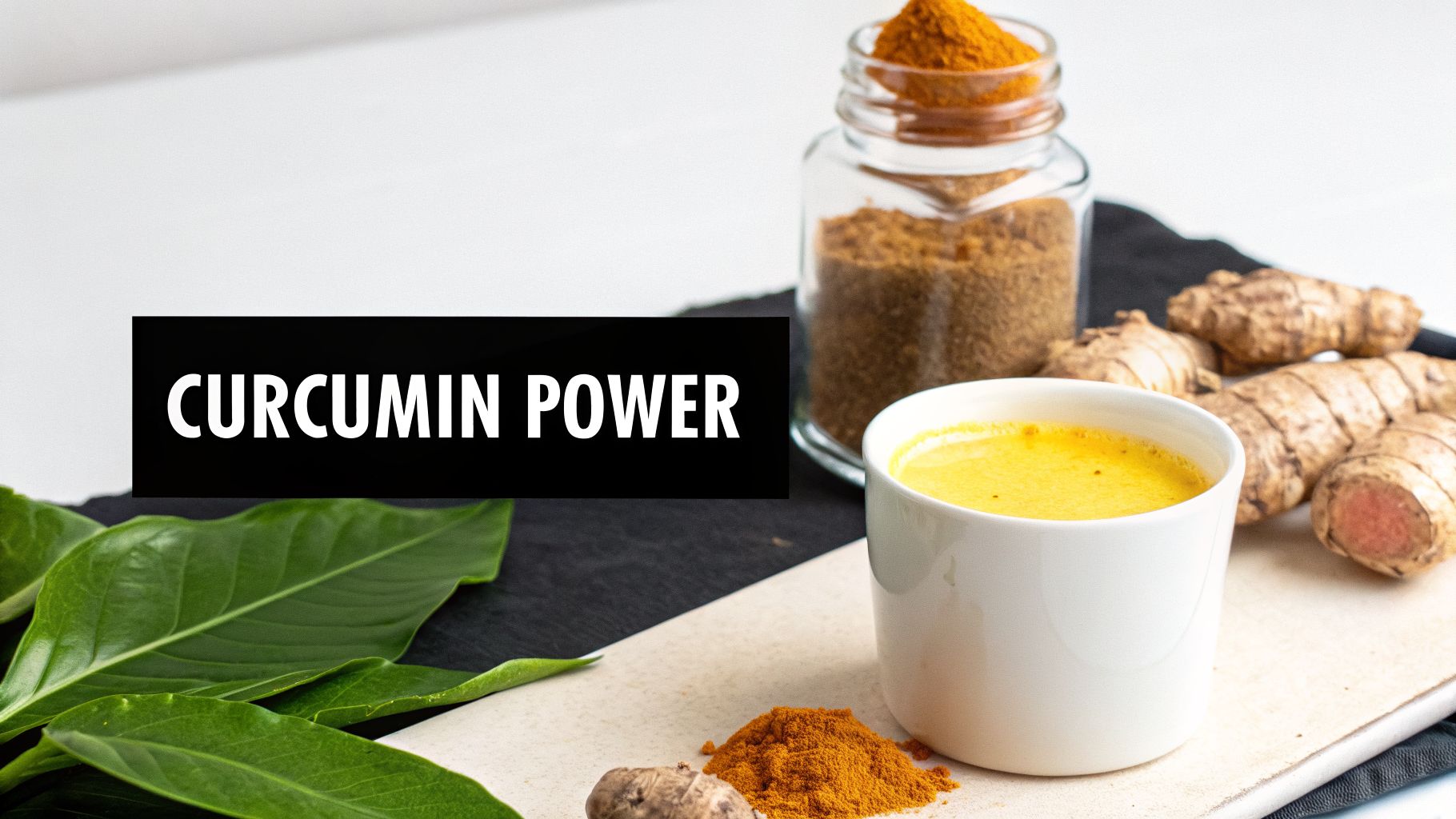 A vibrant golden milk drink in a white mug, surrounded by fresh turmeric roots, turmeric powder, and green leaves, promoting curcumin power.