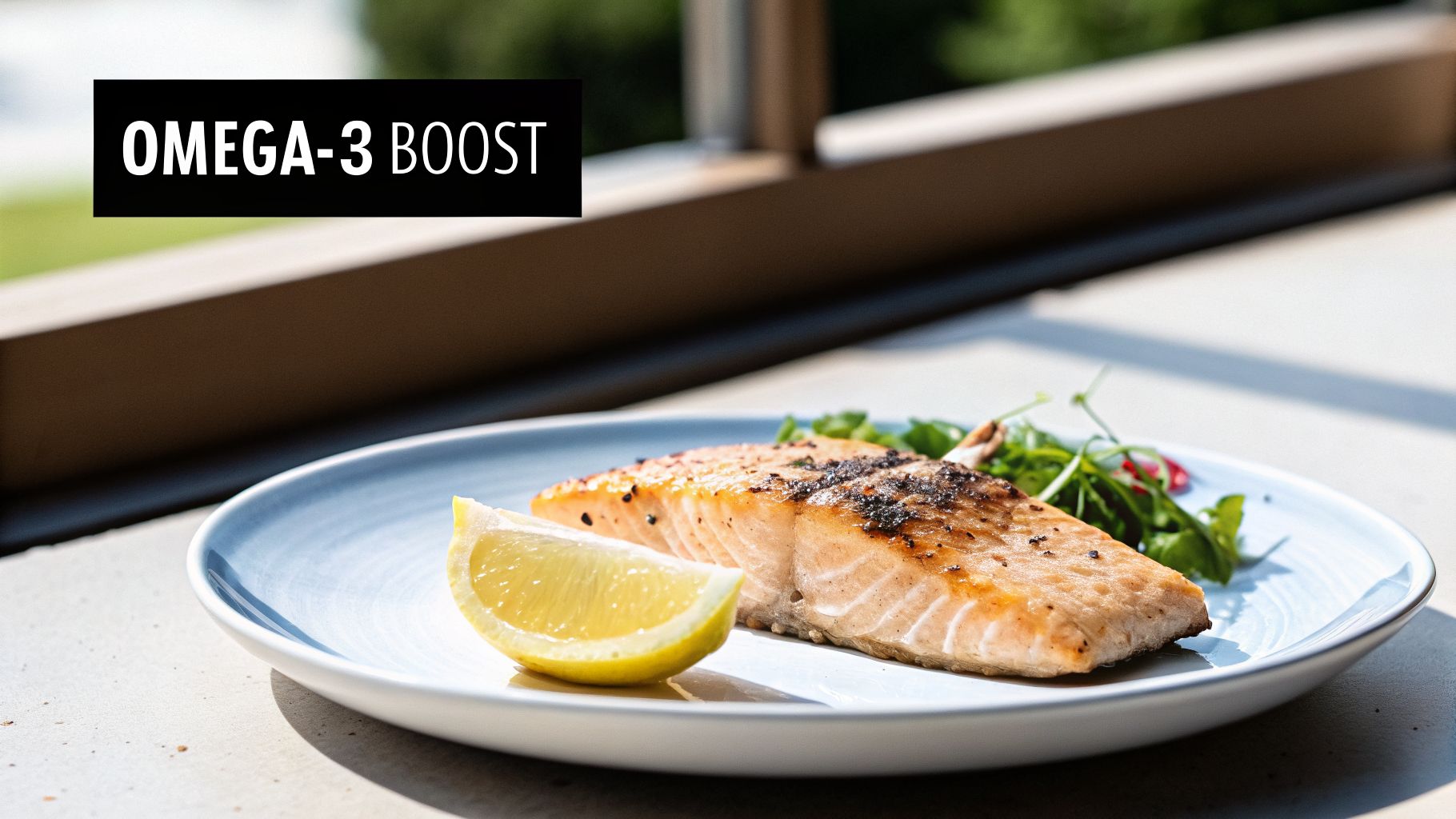 Grilled salmon fillet with a lemon wedge and greens on a plate, promoting omega-3 boost.