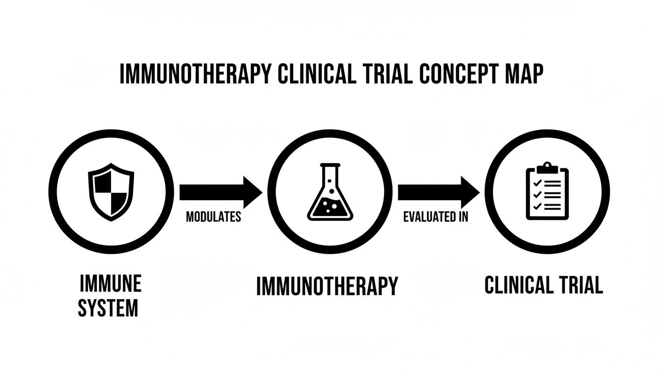 Concept map illustrating how immunotherapy modulates the immune system and is evaluated in clinical trials.