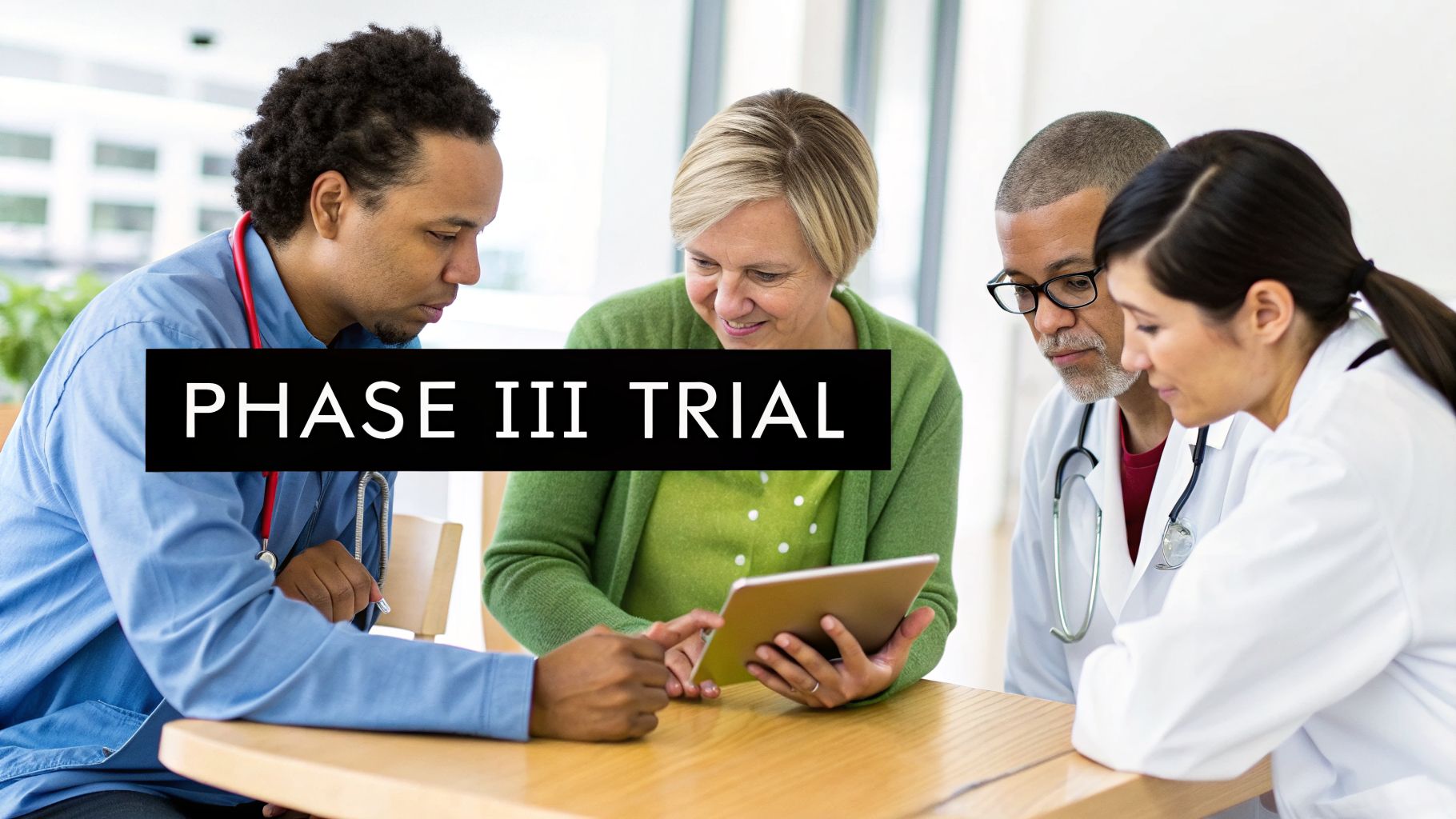 Diverse medical team and female patient discuss a tablet screen during a Phase III clinical trial.