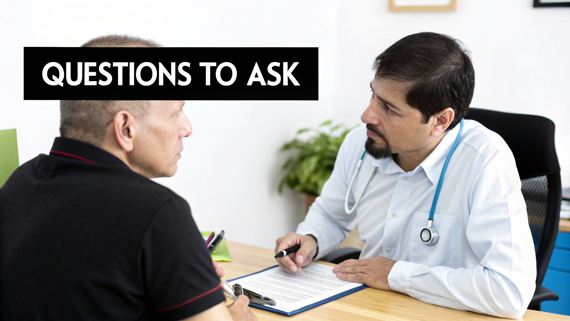 A doctor consults with a male patient in an office, with "QUESTIONS TO ASK" text overlay.