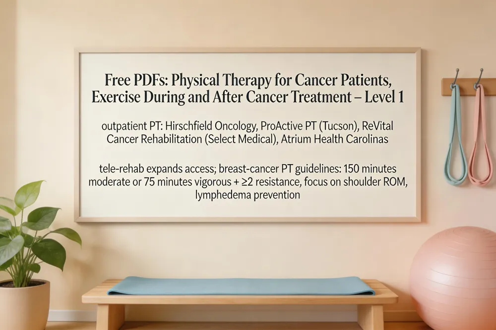 Free PDFs: Physical Therapy for Cancer Patients, Exercise During and After Cancer Treatment – Level 1; outpatient PT: Hirschfeld Oncology, ProActive PT (Tucson), ReVital Cancer Rehabilitation (Select Medical), Atrium Health Carolinas; tele‑rehab expands access; breast‑cancer PT guidelines: 150 minutes moderate or 75 minutes vigorous plus ≥2 resistance, focus on shoulder ROM, lymphedema prevention.
