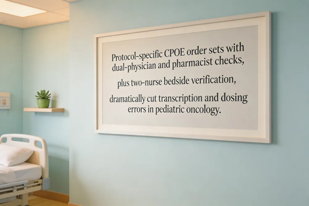 Protocol‑specific CPOE order sets with dual‑physician and pharmacist checks, plus two‑nurse bedside verification, dramatically cut transcription and dosing errors in pediatric oncology.