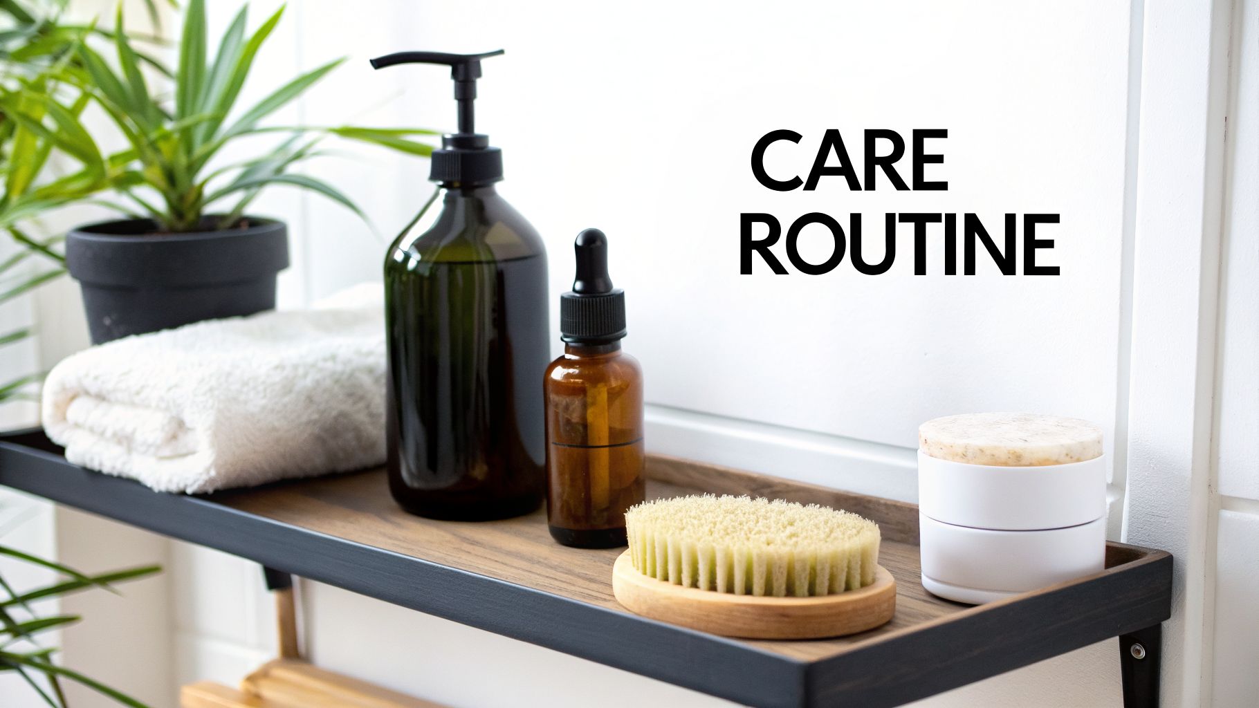A self-care routine setup featuring skincare products, a towel, and a plant on a bathroom shelf.