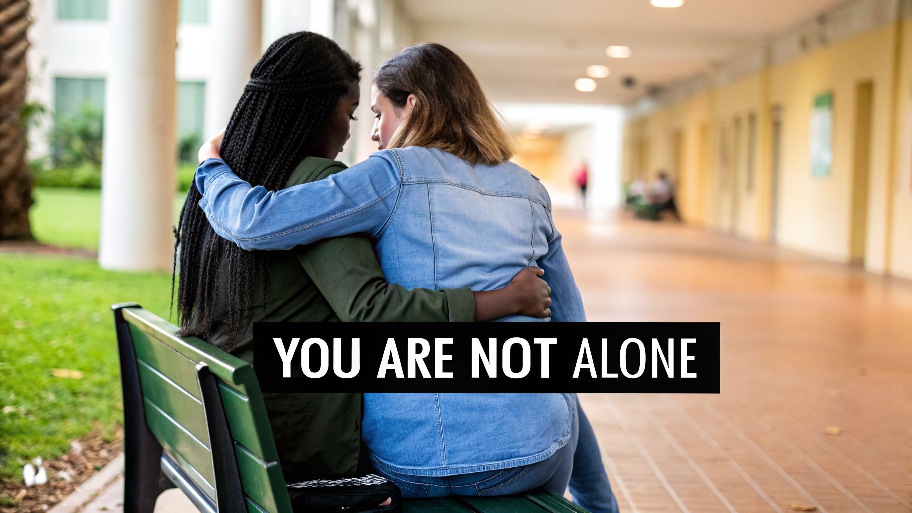 Two young women embrace on a green bench, offering mutual support and comfort.