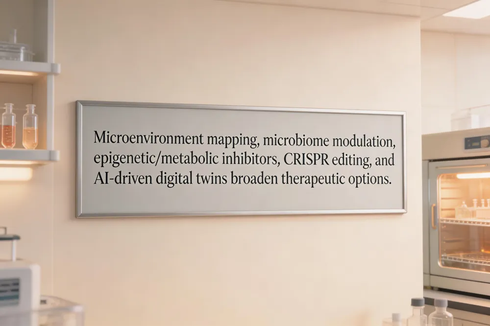 Microenvironment mapping, microbiome modulation, epigenetic/metabolic inhibitors, CRISPR editing, and AI‑driven digital twins broaden therapeutic options.