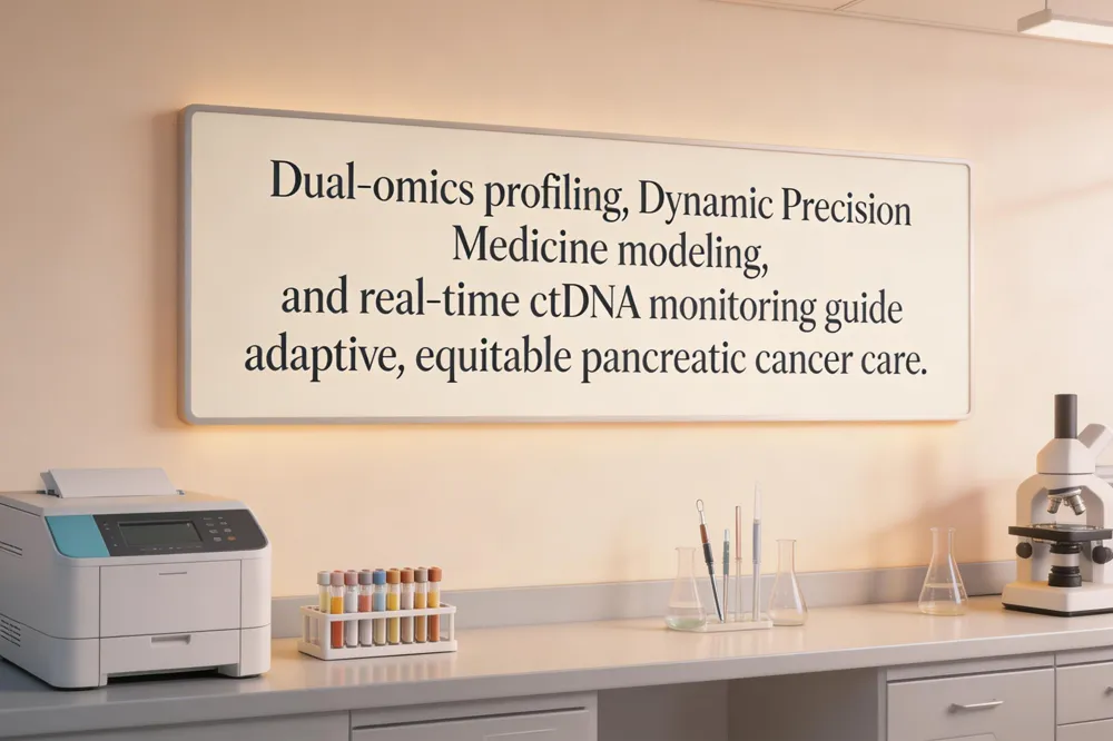 Dual‑omics profiling, Dynamic Precision Medicine modeling, and real‑time ctDNA monitoring guide adaptive, equitable pancreatic cancer care.