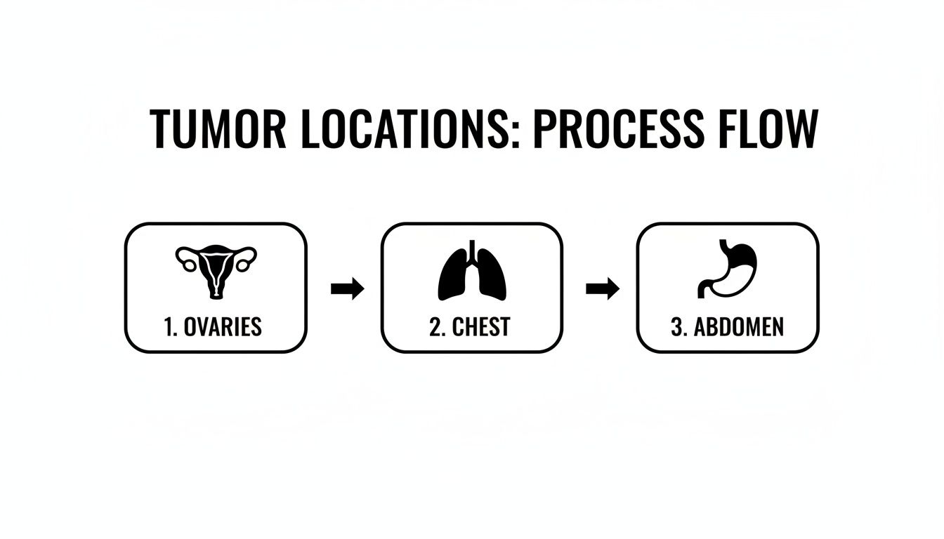 Process flow diagram illustrating tumor locations in ovaries, chest, and abdomen.