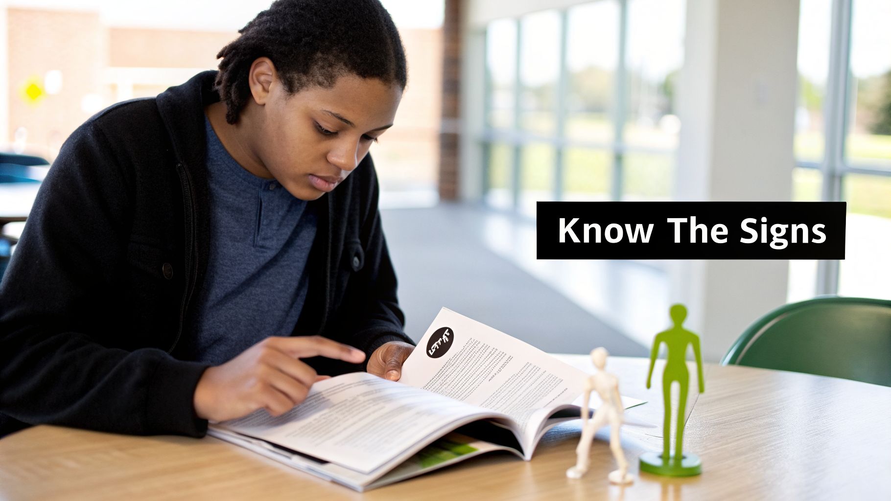 A young person with dreadlocks reads a book at a table with two figurines and 'Know The Signs' text overlay.