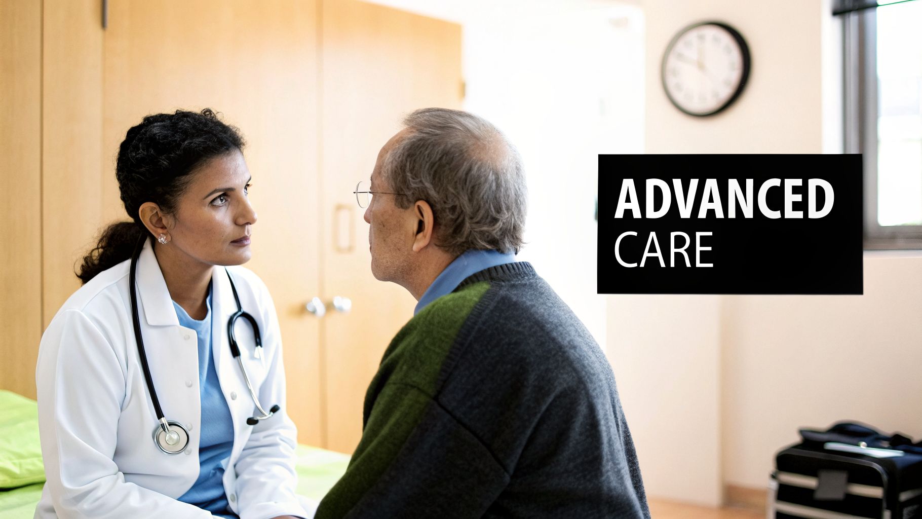 A female doctor in a white coat consults with an elderly male patient in a clinic, with 'ADVANCED CARE' text.