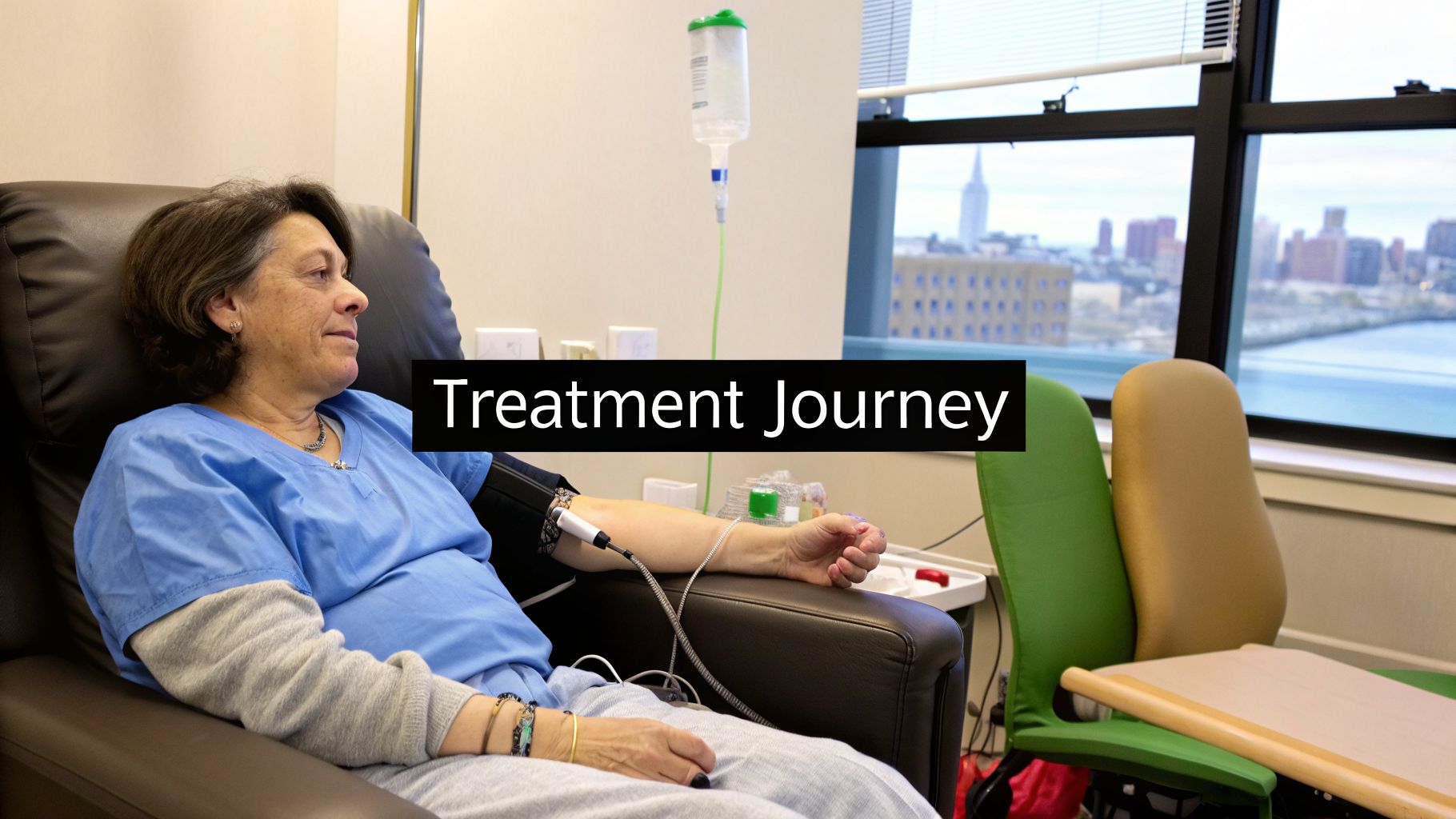 Female patient receiving infusion therapy at a medical center with a cityscape view.