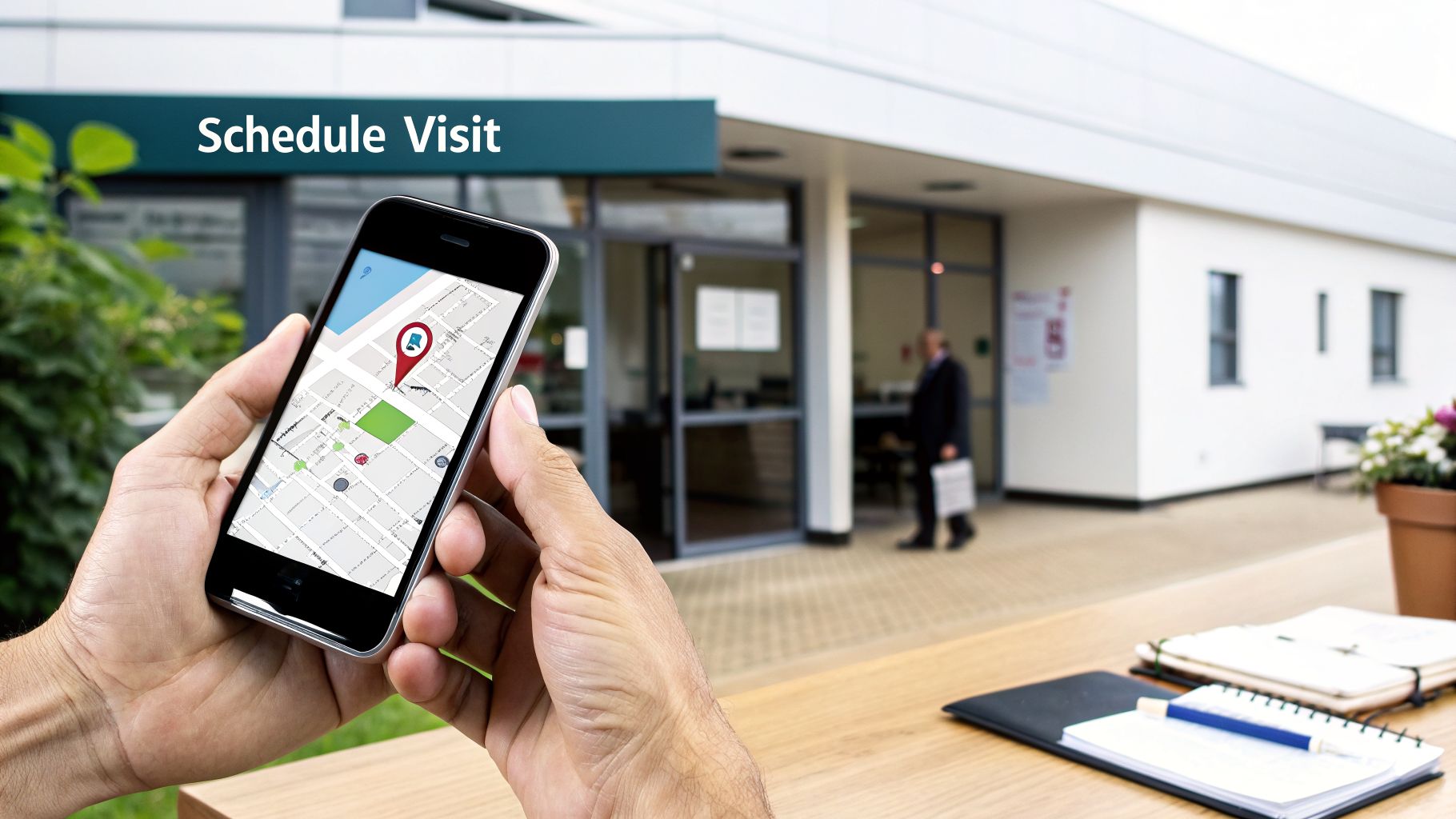 Person holding a smartphone displaying a map with a location pin, in front of a building with a 'Schedule Visit' sign.