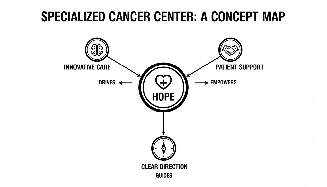 Concept map for Specialized Cancer Center illustrating how innovative care, patient support, and clear direction lead to hope.
