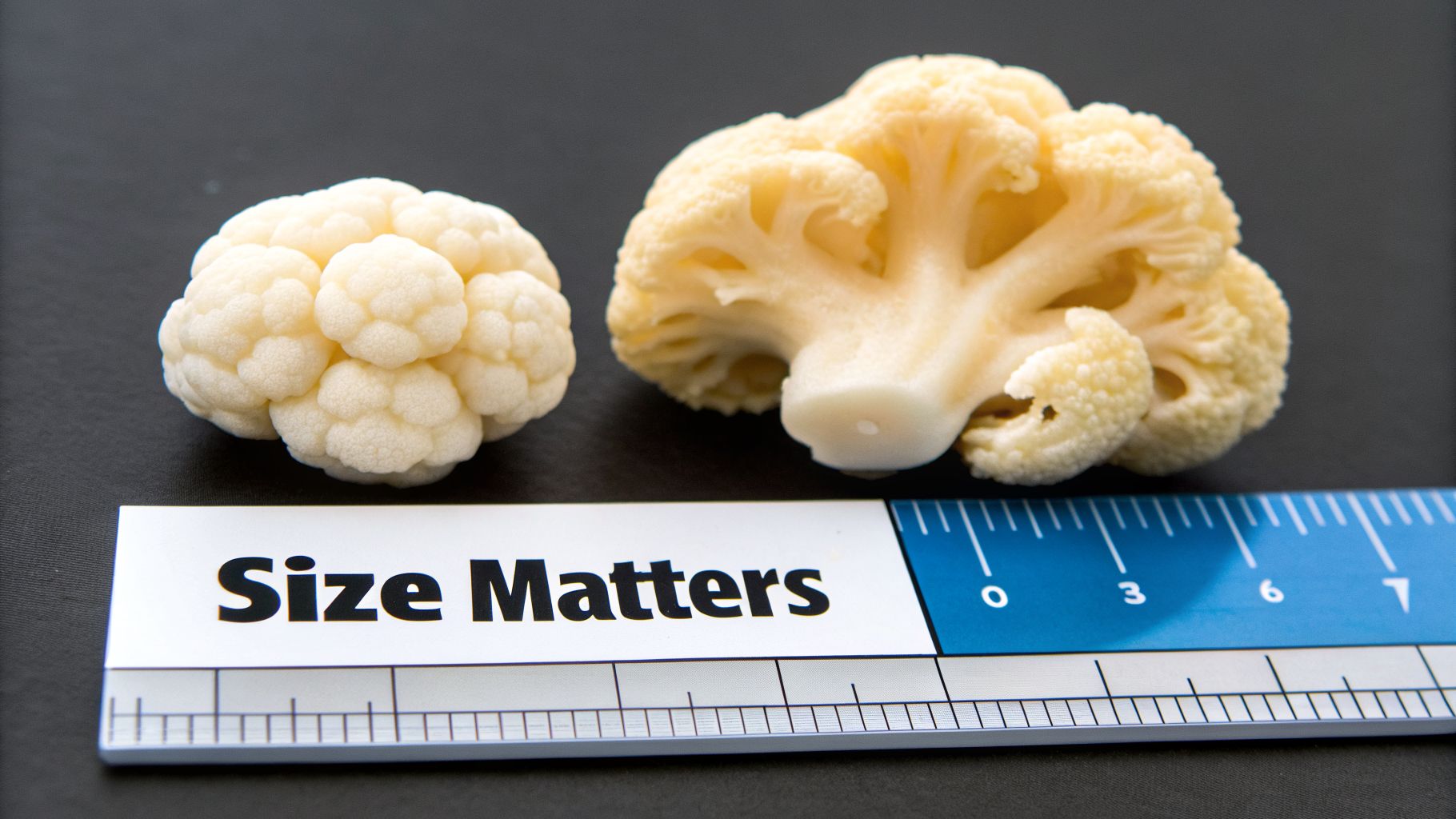 Two cauliflower pieces, one whole and one cut, next to a ruler demonstrating size comparison.