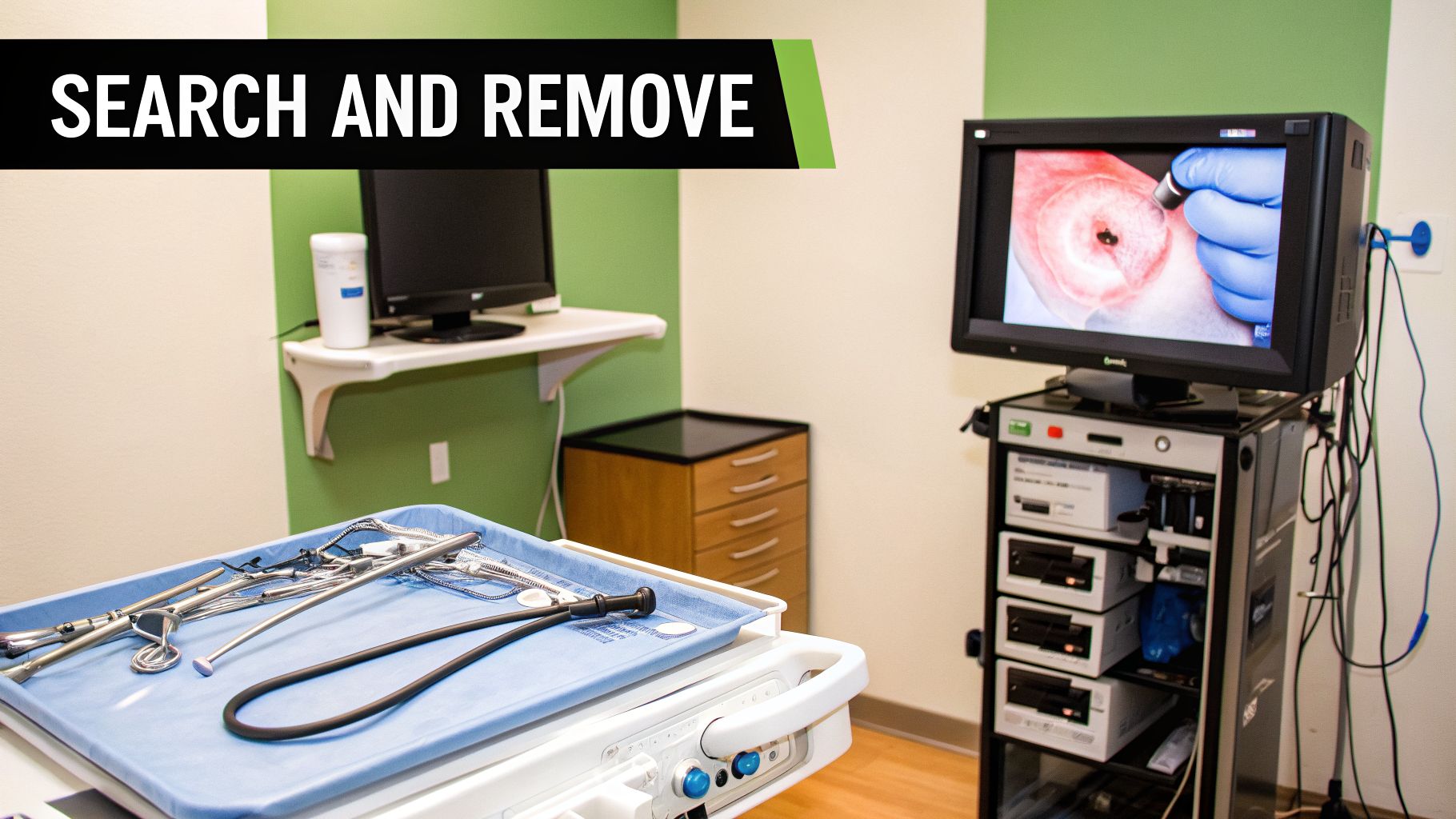 A medical room with surgical instruments on a tray and a monitor displaying an internal medical procedure.