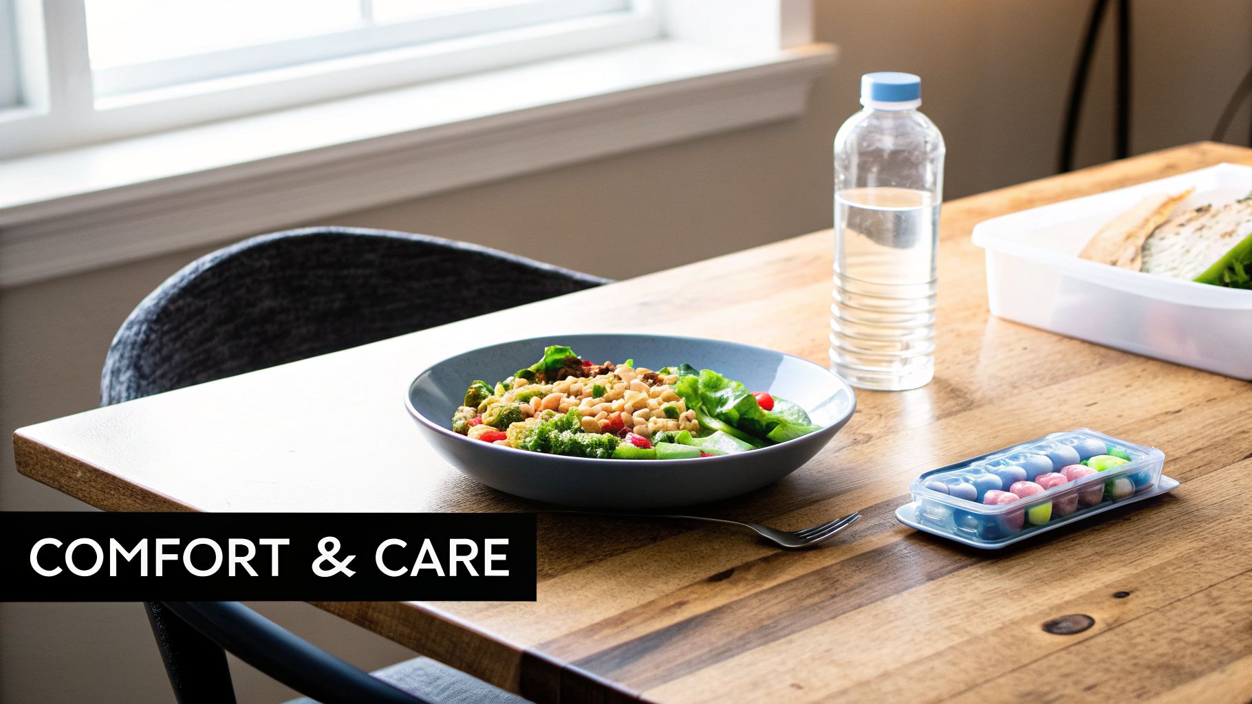 A healthy salad, water bottle, and colorful supplements on a wooden table, emphasizing comfort and care.