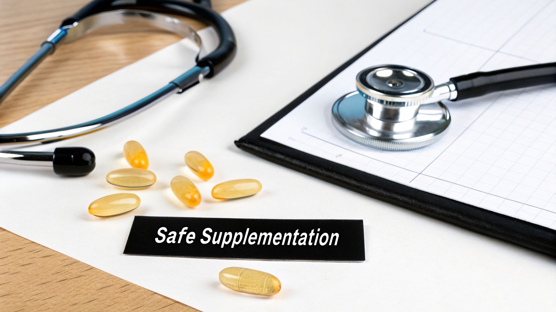A stethoscope, yellow supplement pills, and a 'Safe Supplementation' label on a white background.