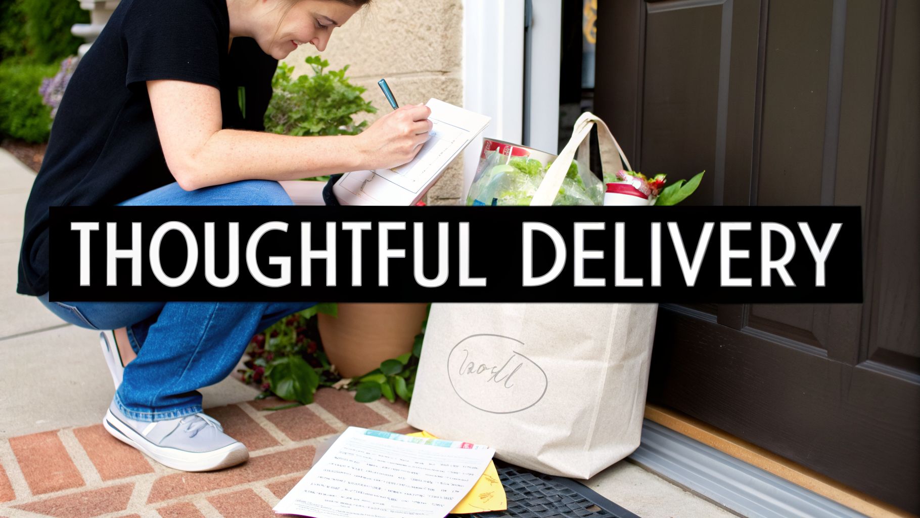 A delivery person signs a clipboard by a doorstep, with a tote bag and package on the ground.