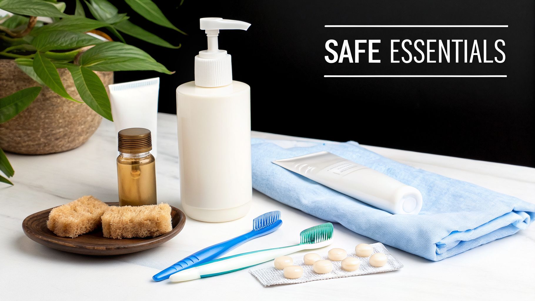 Assorted safe personal care essentials including lotion, toothbrushes, oil, sponges, and pills on a white surface.