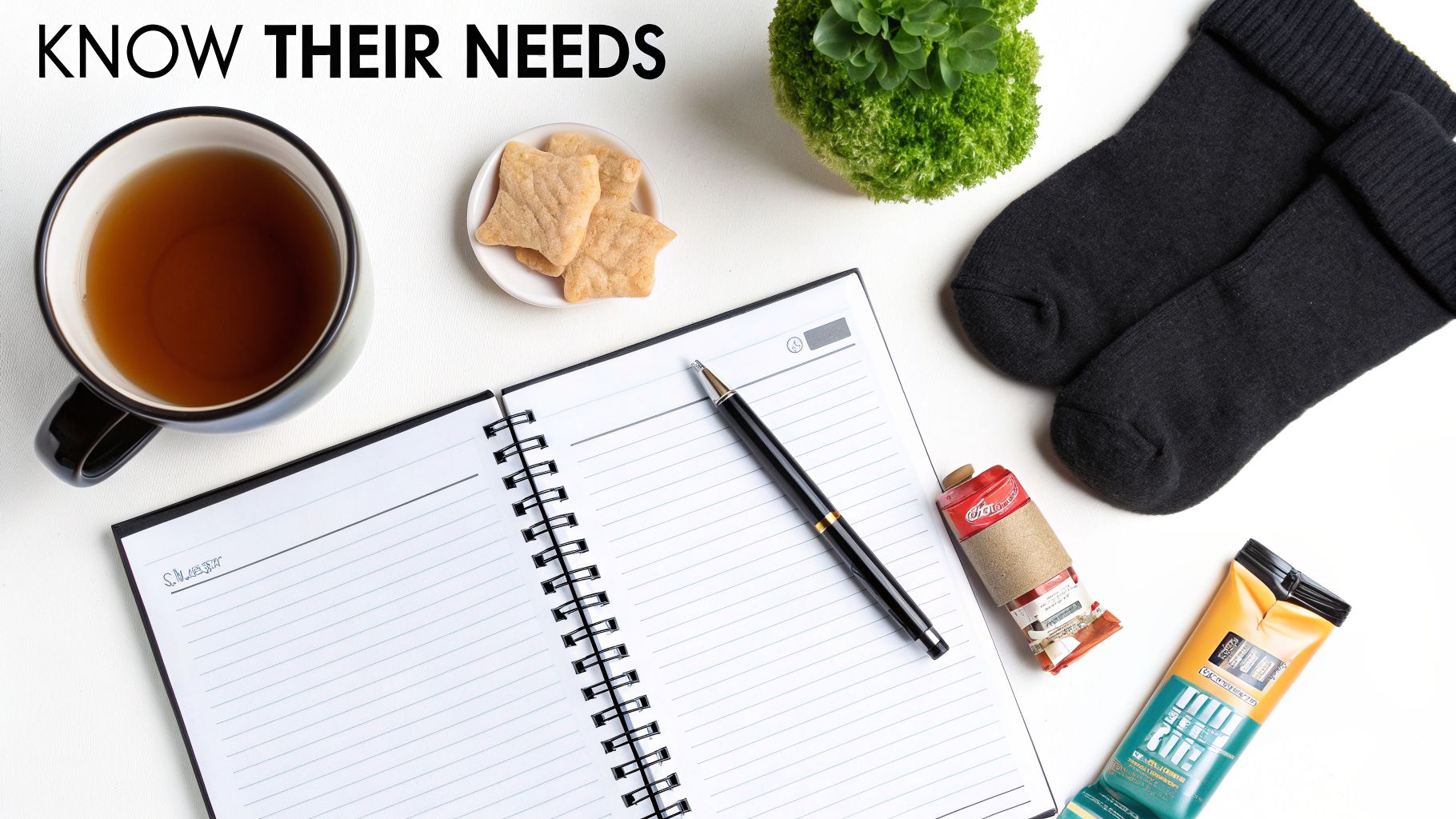 A comforting flat lay with a mug of tea, star cookies, a notebook, pen, socks, and plant.
