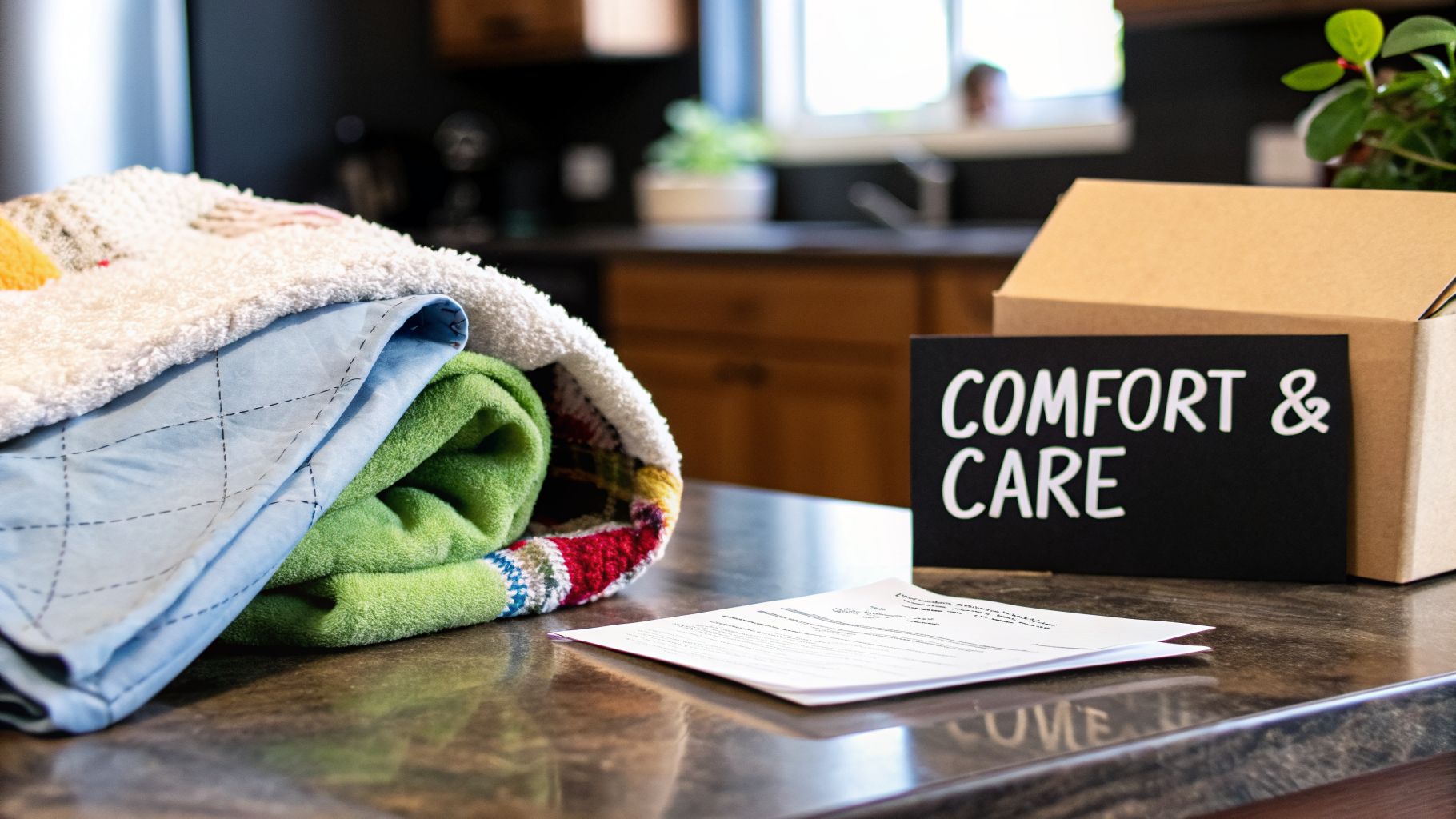 A stack of soft blankets and towels next to a 'COMFORT & CARE' sign, a box, and papers on a kitchen counter.