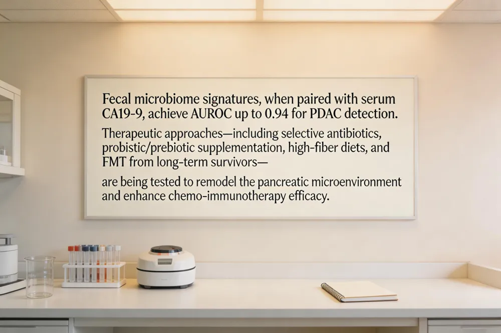 Fecal microbiome signatures, when paired with serum CA19‑9, achieve AUROC up to 0.94 for PDAC detection. Therapeutic approaches—including selective antibiotics, probiotic/prebiotic supplementation, high‑fiber diets, and FMT from long‑term survivors—are being tested to remodel the pancreatic microenvironment and enhance chemo‑immunotherapy efficacy.