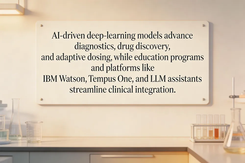 AI‑driven deep‑learning models advance diagnostics, drug discovery, and adaptive dosing, while education programs and platforms like IBM Watson, Tempus One, and LLM assistants streamline clinical integration.