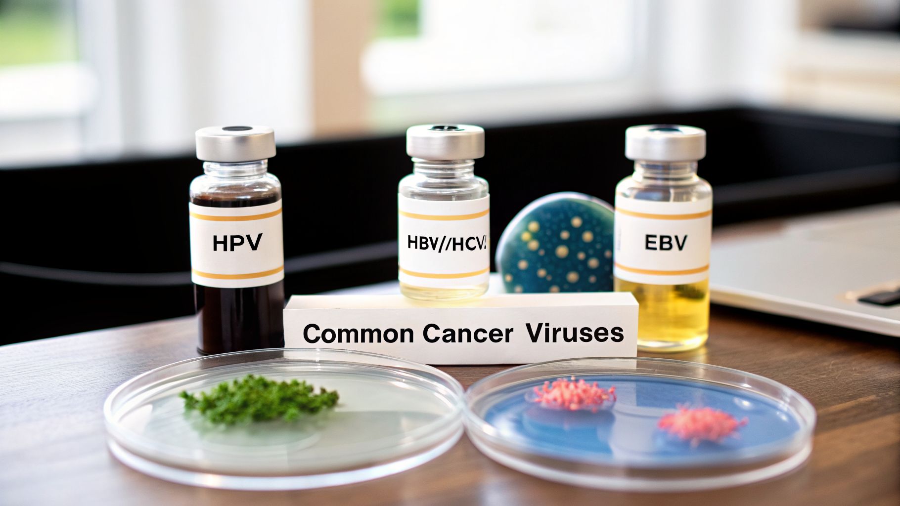 Medical vials for HPV, HBV/HCV, and EBV, illustrating common cancer viruses, with petri dishes.