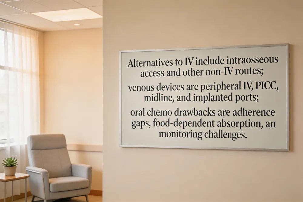Alternatives to IV include intraosseous access and other non‑IV routes; venous devices are peripheral IV, PICC, midline, and implanted ports; oral chemo drawbacks are adherence gaps, food‑dependent absorption, and monitoring challenges.