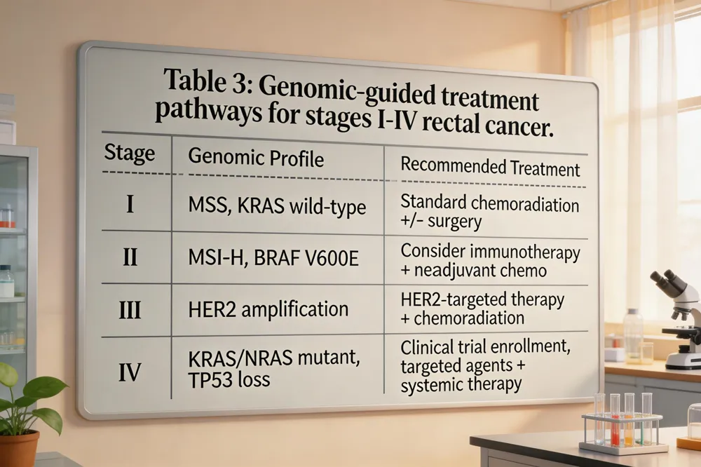 Table 3: Genomic‑guided treatment pathways for stages I‑IV rectal cancer.