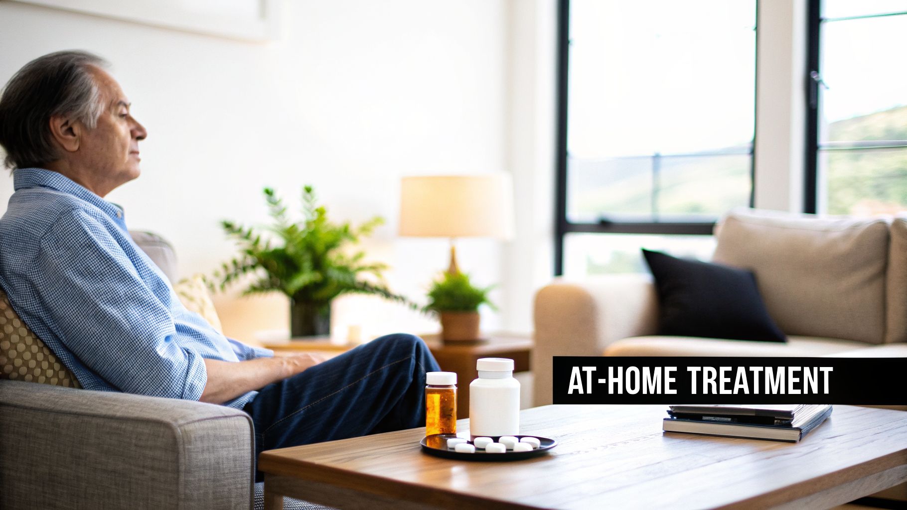 An older man sits on a sofa, with pill bottles and medication on a coffee table, signifying at-home treatment.