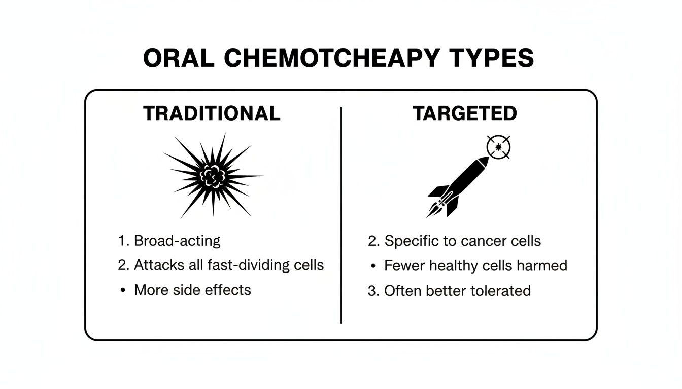 Comparison of oral chemotherapy types, showing traditional (broad-acting) and targeted (specific to cancer cells) methods.