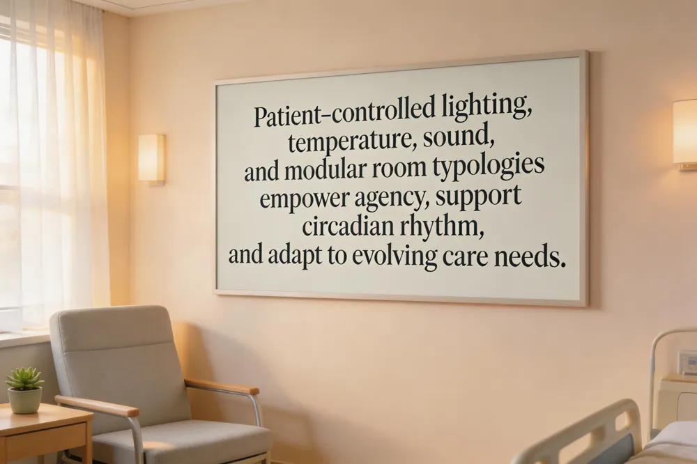 Patient‑controlled lighting, temperature, sound, and modular room typologies empower agency, support circadian rhythm, and adapt to evolving care needs.